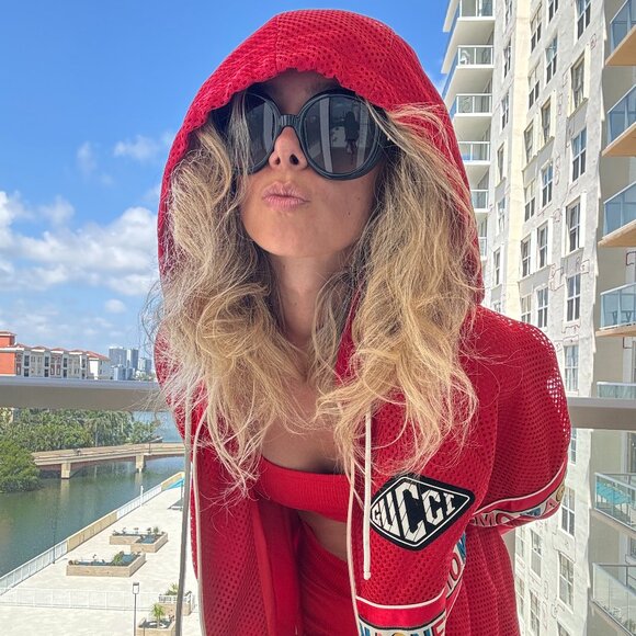 Gucci Red Mesh & Satin Magnetismo Stripe Trimmed Zip Front Hooded Jacket - Picture 5 of 14